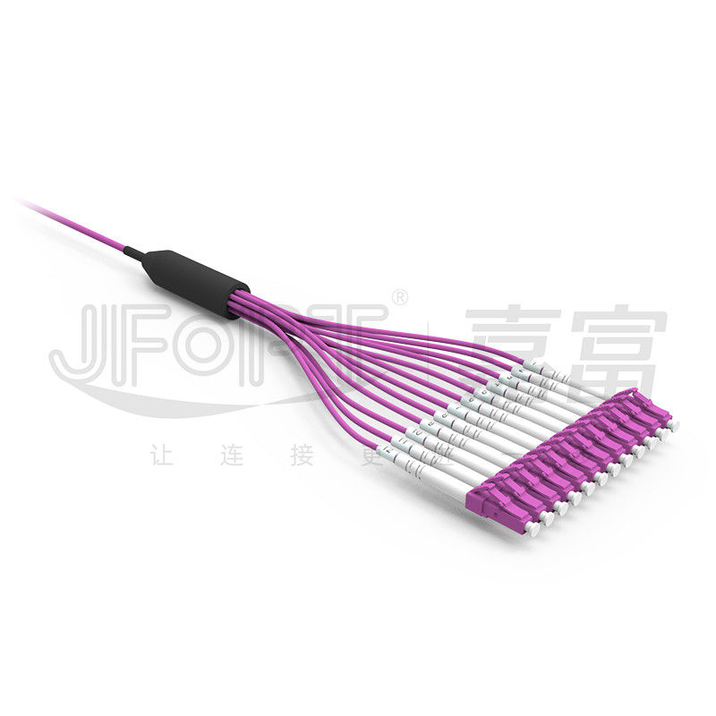Kabel Mini 12 Inti Kabel Serat Optik Pra Terminasi Dengan Konektor LC UPC Multimode OM4 Violet Cabang 0,5m