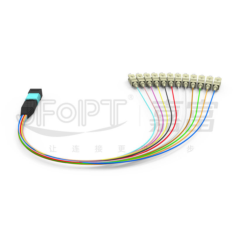 0.3m Multimode OM3 MPO Breakout Cable MPO / PC - SC / APC Kabel Patch Cabang 0.9mm Kerugian Rendah
