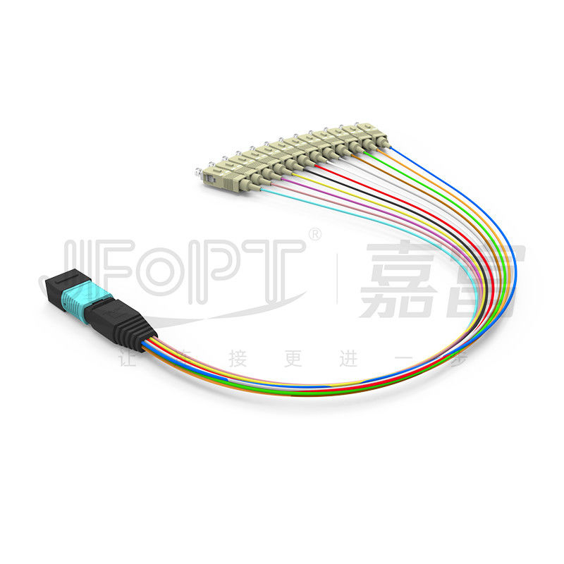 0.3m Multimode OM3 MPO Breakout Cable MPO / PC - SC / APC Kabel Patch Cabang 0.9mm Kerugian Rendah