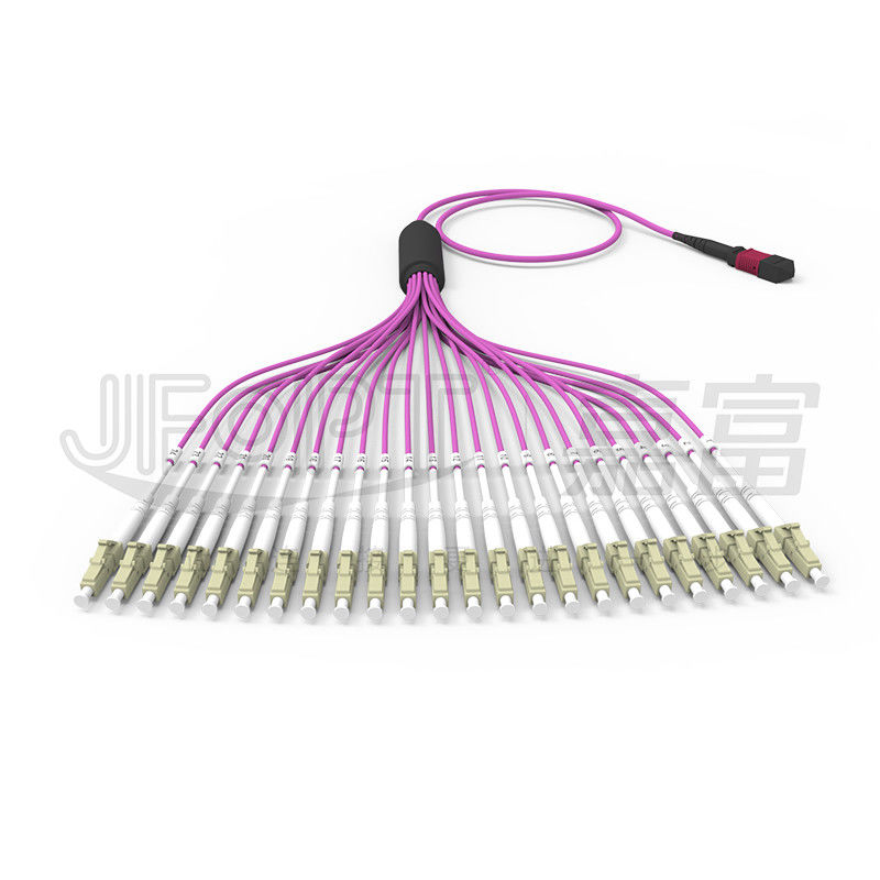 Multimode OM4 MPO 24-Core ke LC Fiber Cable LSZH untuk Pusat Data Densitas Tinggi