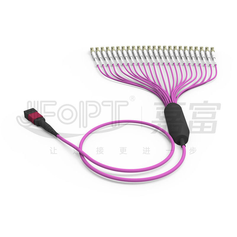 Multimode OM4 MPO 24-Core ke LC Fiber Cable LSZH untuk Pusat Data Densitas Tinggi