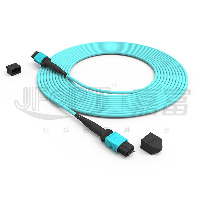 12 Core Speed MPO Patch Cord Aqua Color untuk Koneksi Pusat Data 10G Multi-mode OM3 Fiber Optic Patch Cord