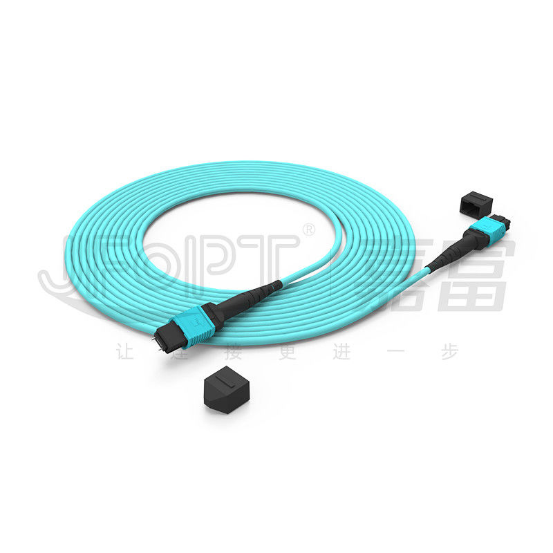 12 Core Speed MPO Patch Cord Aqua Color untuk Koneksi Pusat Data 10G Multi-mode OM3 Fiber Optic Patch Cord