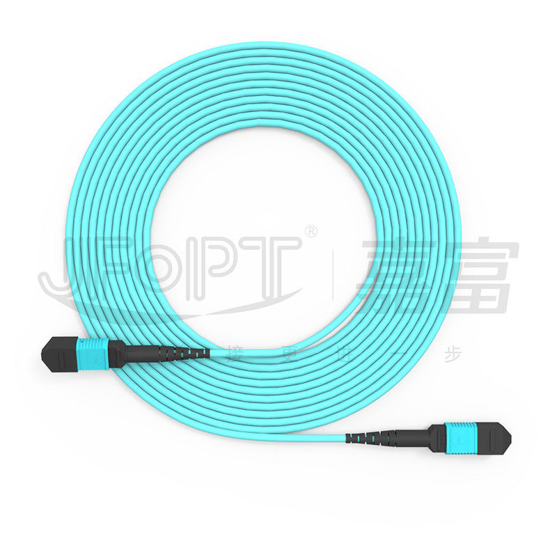 MPO-MPO Trunk Cable Aqua Round Boot Fiber Optic Pigtail Patch Cord untuk Solusi Jaringan Serbaguna