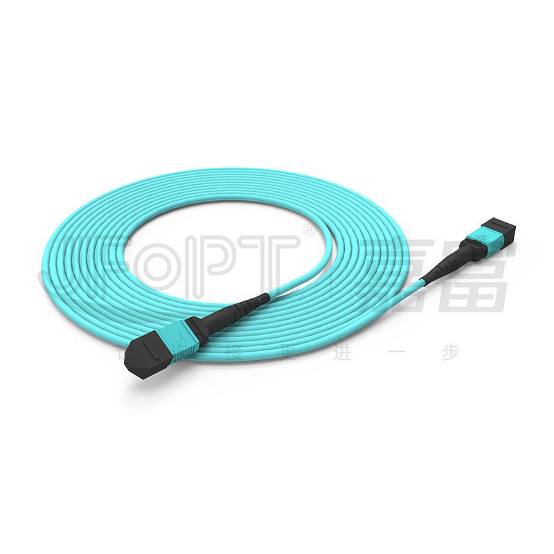 MPO-MPO Trunk Cable Aqua Round Boot Fiber Optic Pigtail Patch Cord untuk Solusi Jaringan Serbaguna