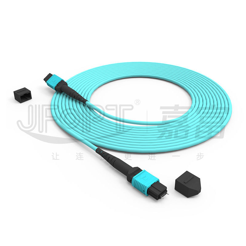 MPO-MPO Trunk Cable Aqua Round Boot Fiber Optic Pigtail Patch Cord untuk Solusi Jaringan Serbaguna
