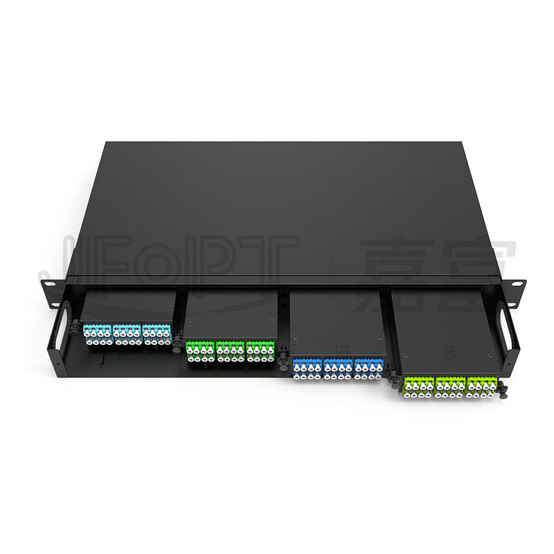 19 Inch 1U 96 Core 4 Pieces Module Box MPO Patch Panel ODF dengan Default Standard Wire Sequence LC Metal Rack dipasang