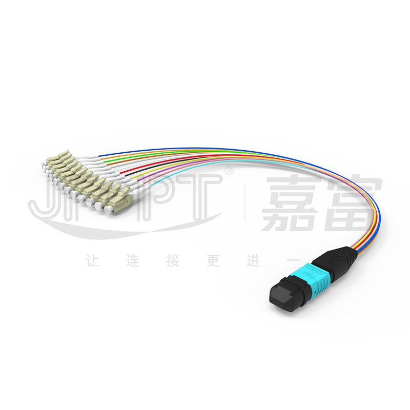 SENKO MPO LC Kabel Breakout Penyisipan Kehilangan Rendah Konektor Aqua/Krem 850/1300nm 0.9Mm Kabel Patch Serat Optik