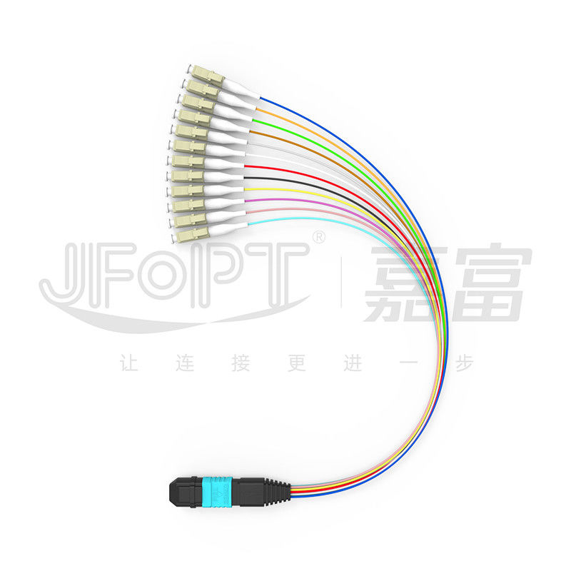 SENKO MPO LC Kabel Breakout Penyisipan Kehilangan Rendah Konektor Aqua/Krem 850/1300nm 0.9Mm Kabel Patch Serat Optik