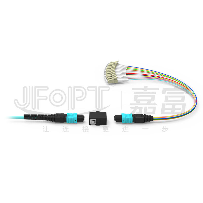 SENKO MPO LC Kabel Breakout Penyisipan Kehilangan Rendah Konektor Aqua/Krem 850/1300nm 0.9Mm Kabel Patch Serat Optik