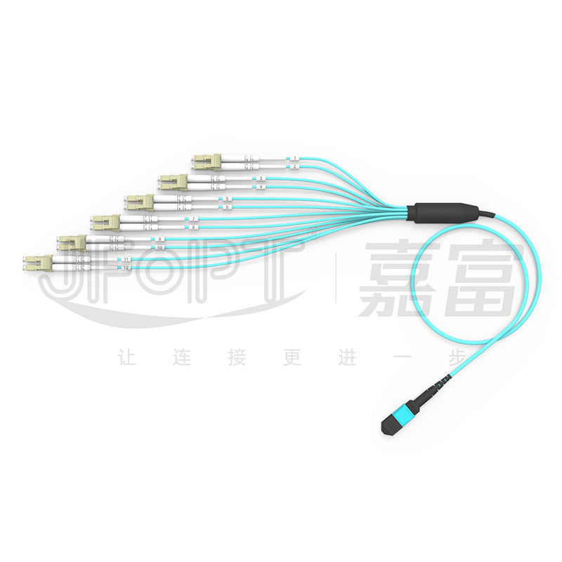 Tidak Flush Patch Cord MPO Breakout Kabel dengan LC Konektor 12 Serat Single OM3 OM4 MPO End LC Duplex End