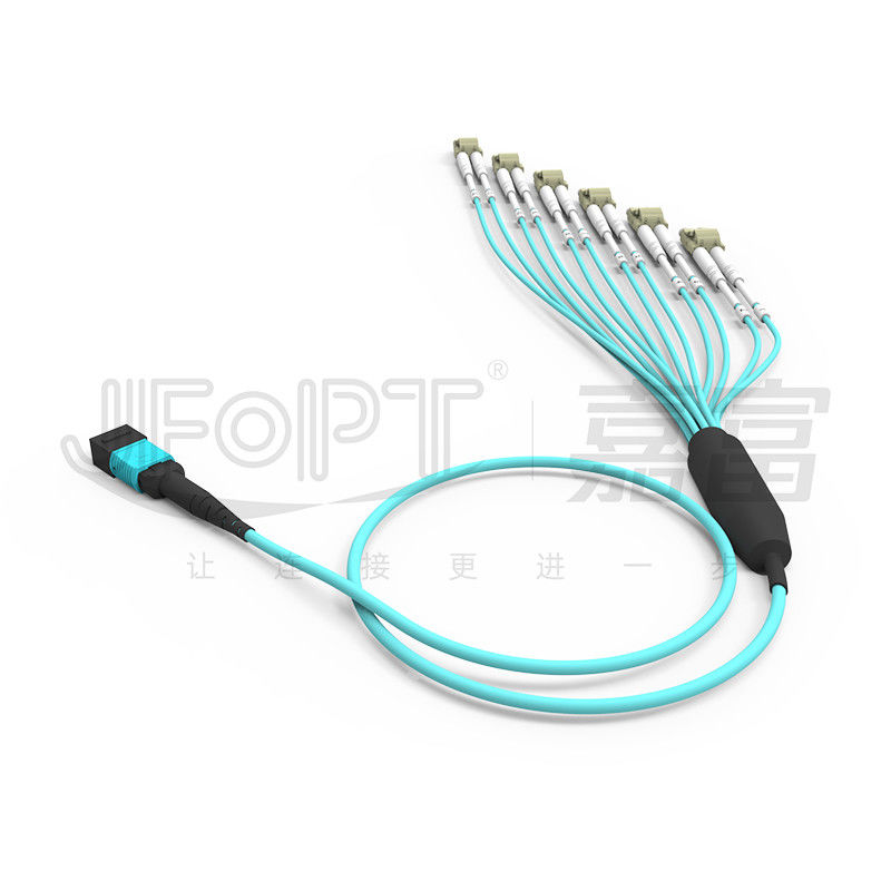 Tidak Flush Patch Cord MPO Breakout Kabel dengan LC Konektor 12 Serat Single OM3 OM4 MPO End LC Duplex End